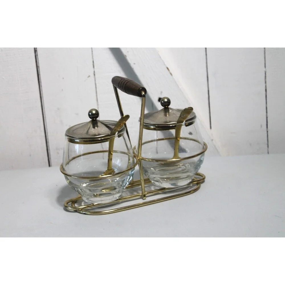 Mid Century Condiment Set Wire Rack Libby Glass Lid/Spoons, Jam, Relish Sauces